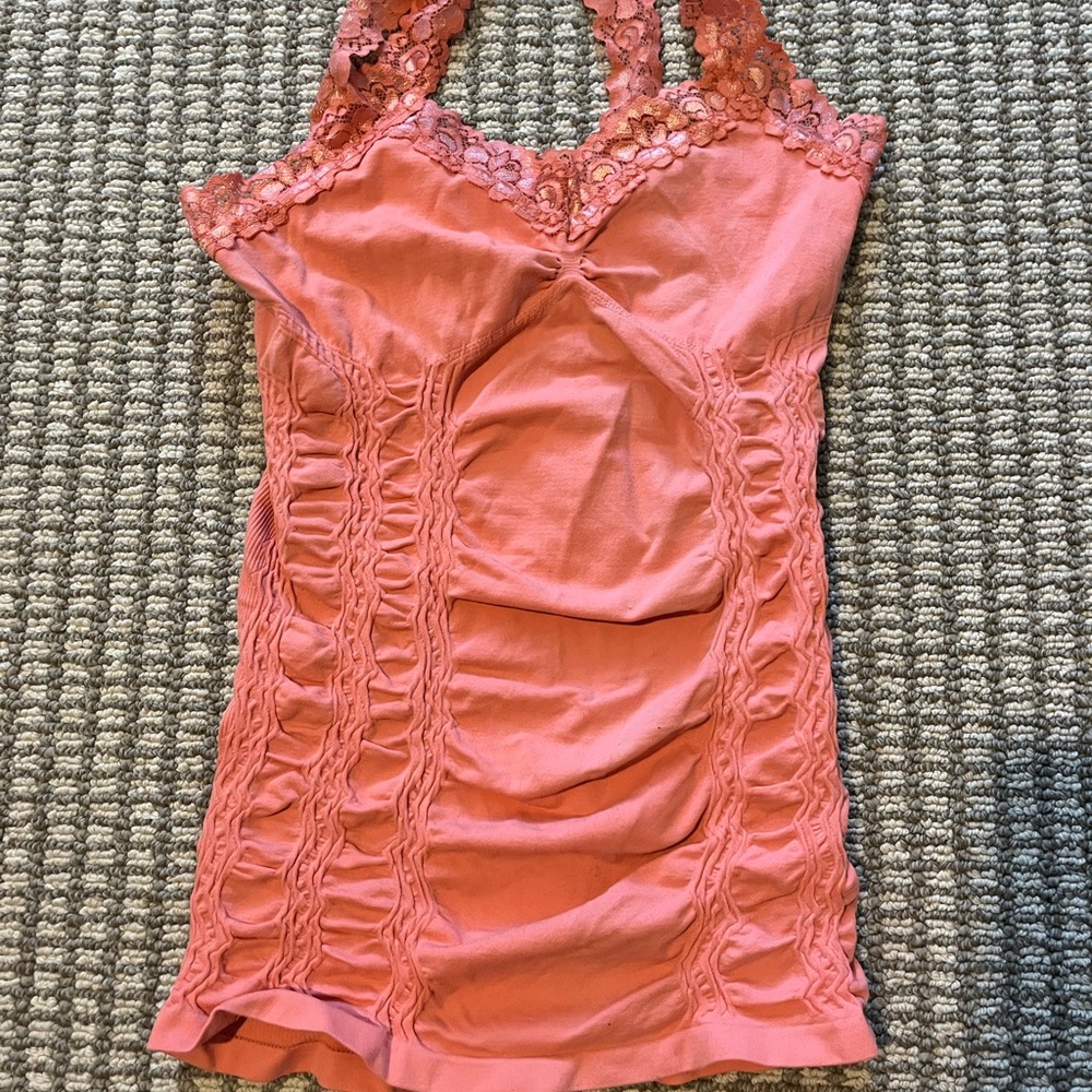 M. Rena Coral Lace Trim Top
